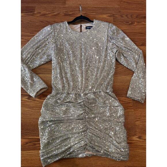 RETROFÊTE Gold Flynn ruched sequined tulle mini dress size L - Picture 11 of 15